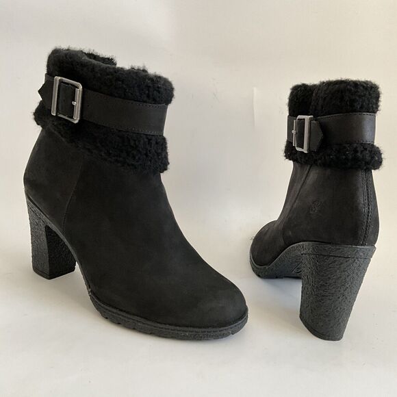 Timberland Leather Ortholite Faux Fur Cuff Buckle Bootie Black 8.5 - Picture 3 of 12